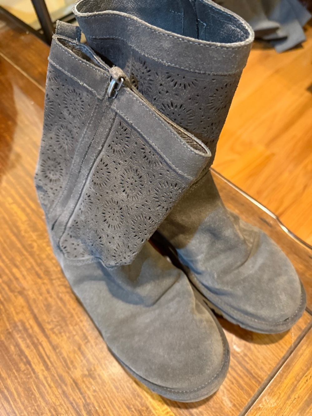 UGG Gray Suede Mid-Calf Laser-Cut Ankle Boots
